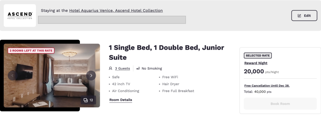 Hotel Aquarius in Venice, transferring Wells Fargo to Choice at 1:2. 